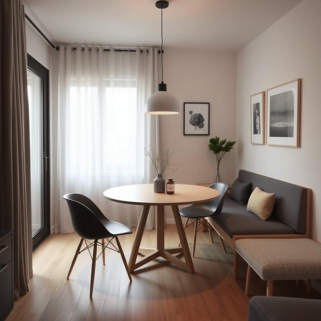 Kleine woonkamer met ronde eettafel tegen de muur Kleine woonkamer met ronde eettafel tegen de muur