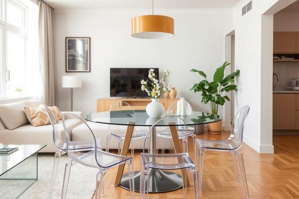 Kleine woonkamer met transparante stoelen rond eettafel voor luchtig effect Kleine woonkamer met transparante stoelen rond eettafel voor luchtig effect