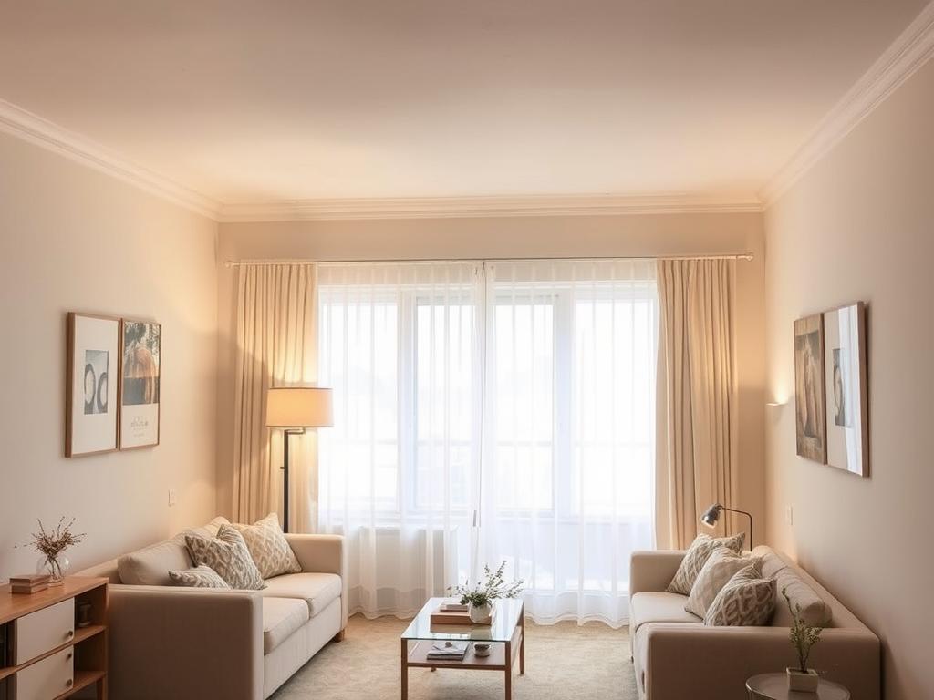 Kleine woonkamer met verschillende lichtbronnen die de ruimte groter laten lijken Kleine woonkamer met verschillende lichtbronnen die de ruimte groter laten lijken