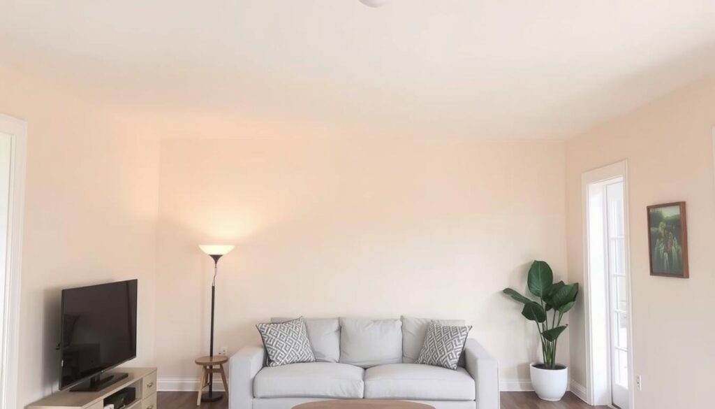 Kleurgebruik op plafond en vloer in een kleine woonkamer Kleurgebruik op plafond en vloer in een kleine woonkamer
