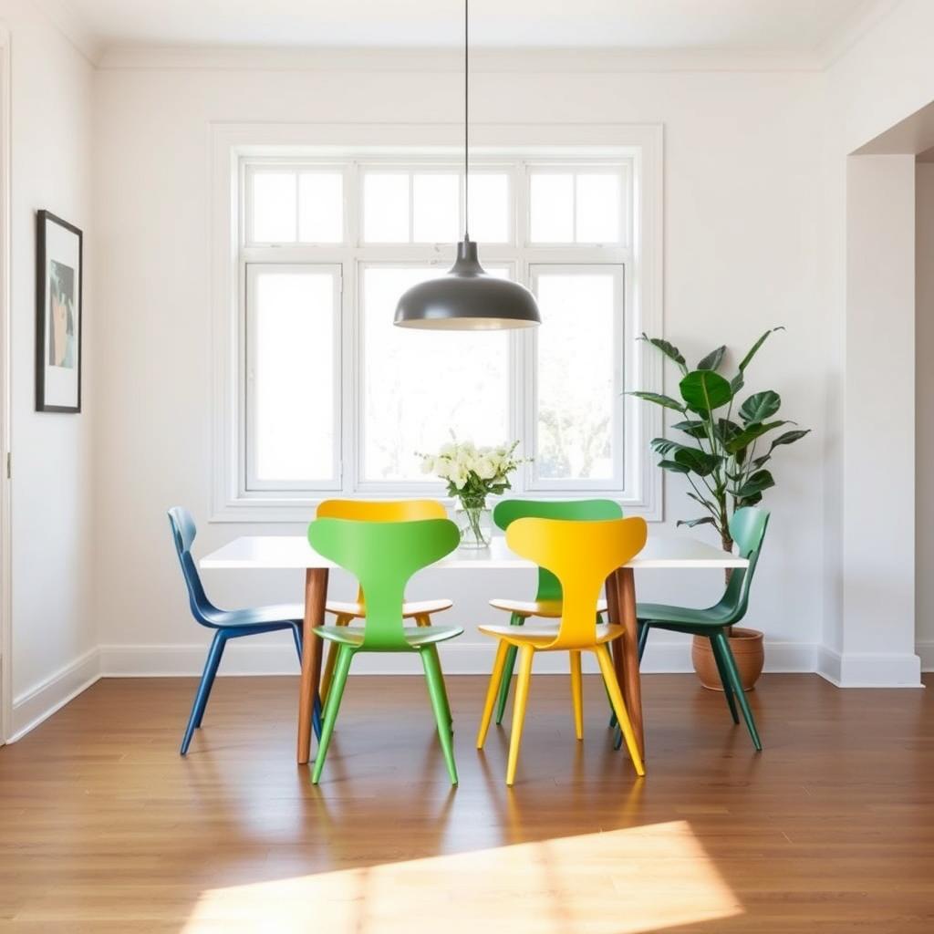 Kleurrijke Deens design eetkamerstoelen als accent in een neutrale ruimte Kleurrijke Deens design eetkamerstoelen als accent in een neutrale ruimte
