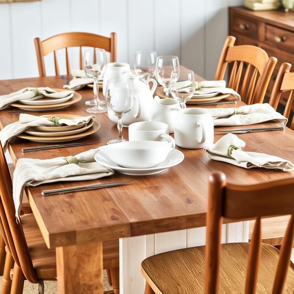 Landelijk servies en tafelaccessoires bij houten eetkamerstoelen