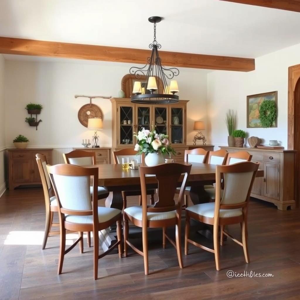 Landelijke eetkamer met houten eetkamerstoelen met stoffen zitting Landelijke eetkamer met houten eetkamerstoelen met stoffen zitting
