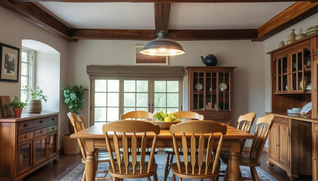 Landelijke eetkamer met houten stoelen en passende verlichting boven de eettafel