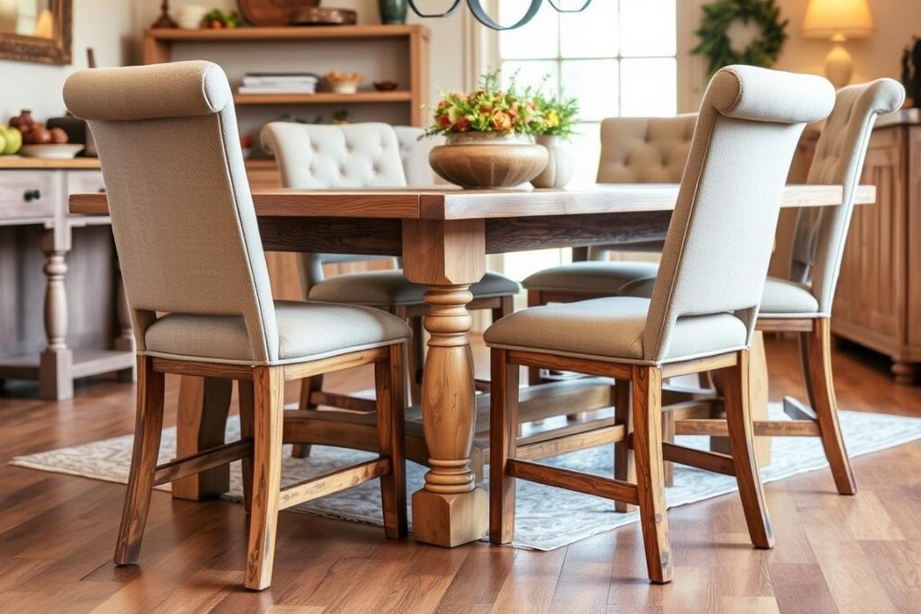 Landelijke eetkamerstoelen met houten poten in een rustieke eetkamer Landelijke eetkamerstoelen met houten poten in een rustieke eetkamer