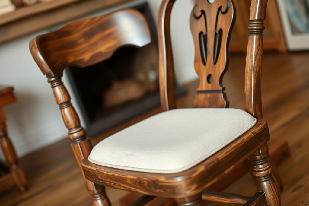 Landelijke houten eetkamerstoel met stoffen zitting Landelijke houten eetkamerstoel met stoffen zitting