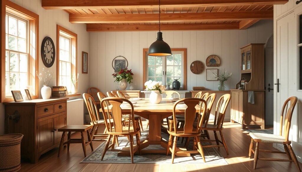 Landelijke houten eetkamerstoelen rond een rustieke eettafel in een lichte eetkamer
