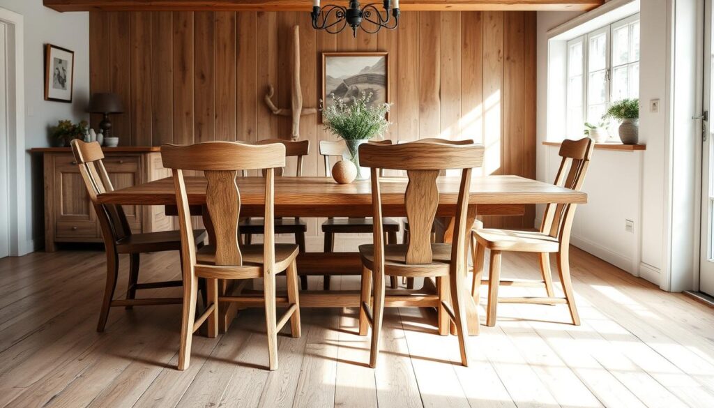 Landelijke houten eetkamerstoelen rond een rustieke houten eettafel