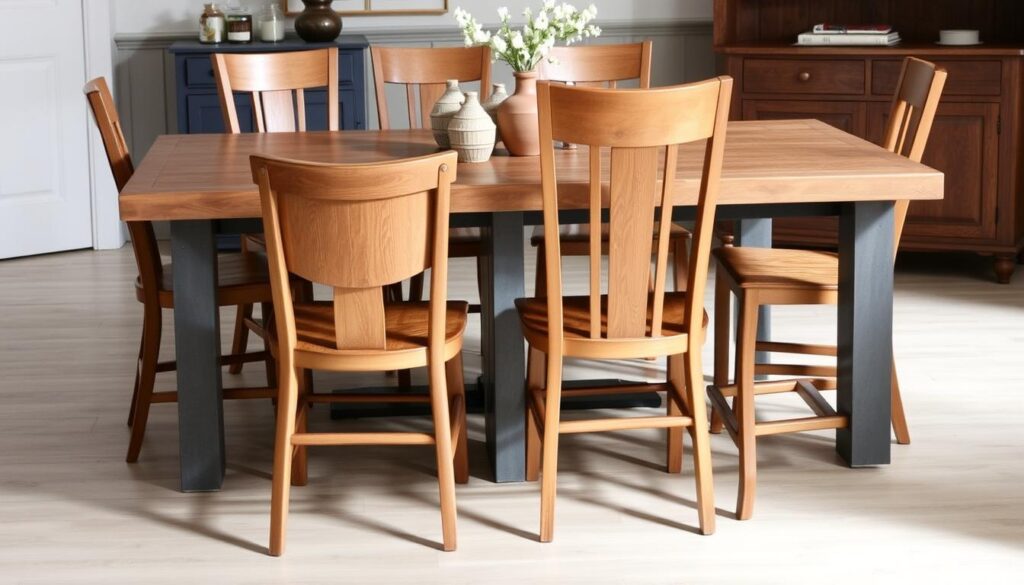 Landelijke houten eetkamerstoelen rond een tafel met contrasterende materialen