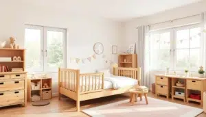 Lichte en vrolijke kinderkamer met natuurlijk hout en pastelkleuren