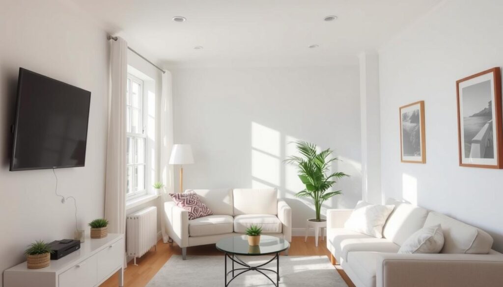 Lichte kleuren in een kleine woonkamer die de ruimte optisch vergroten