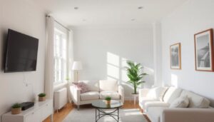 Lichte kleuren in een kleine woonkamer die de ruimte optisch vergroten