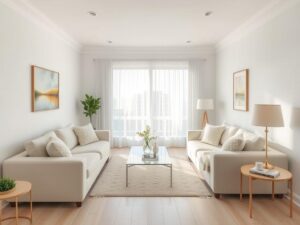 Lichte woonkamer met witte muren en beige meubels die ruimtelijker oogt