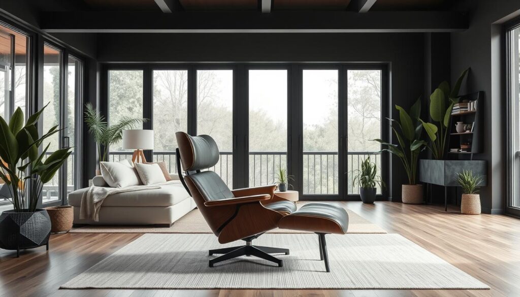 Loungestoel in een moderne woonkamer of terras Loungestoel in een moderne woonkamer of terras
