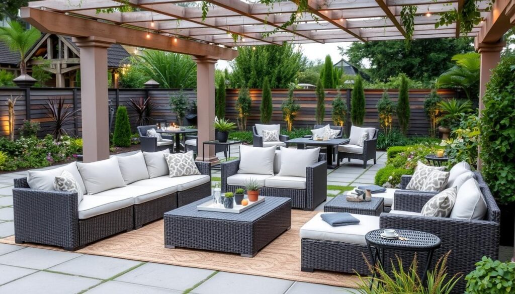 Loungestoelen in een tuinsetting onder een pergola Loungestoelen in een tuinsetting onder een pergola