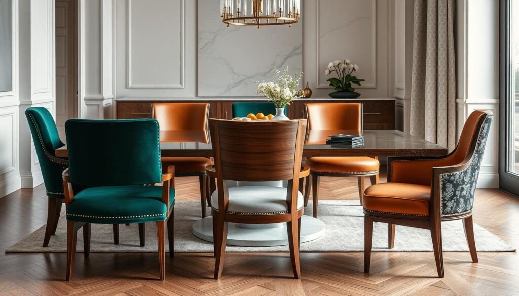 Luxe eetkamerstoelen met verschillende materialen en afwerkingen