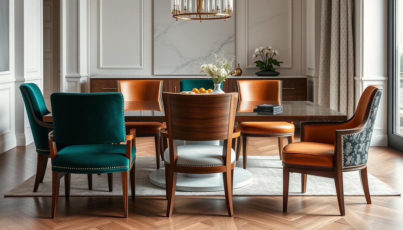 Luxe eetkamerstoelen met verschillende materialen en afwerkingen