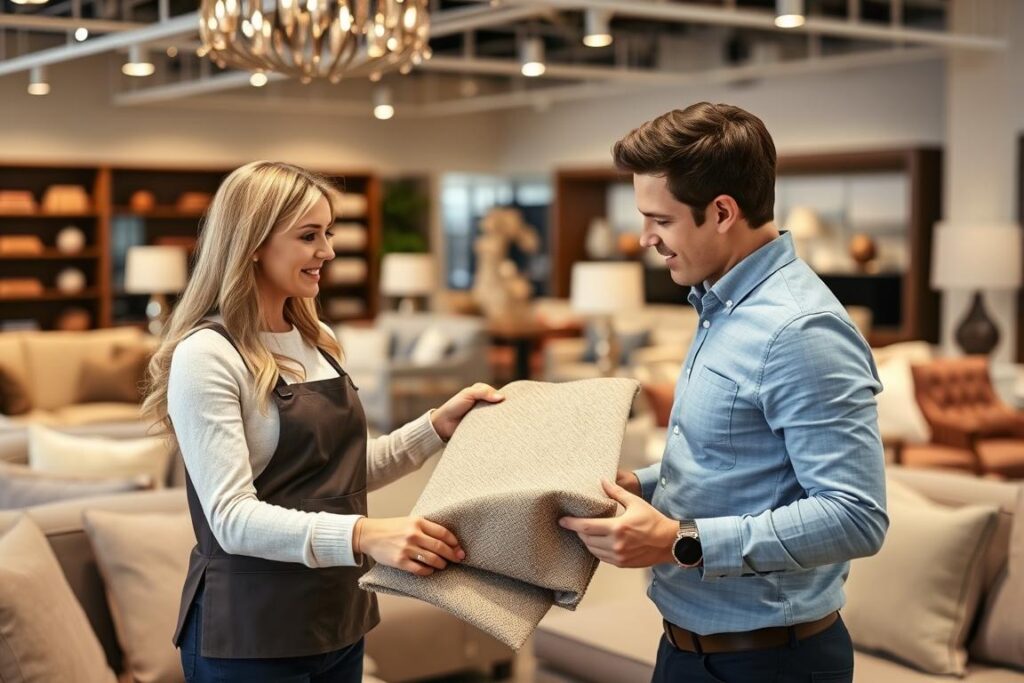 Medewerker van een goed merk meubels helpt een klant bij het kiezen van de juiste stof Medewerker van een goed merk meubels helpt een klant bij het kiezen van de juiste stof
