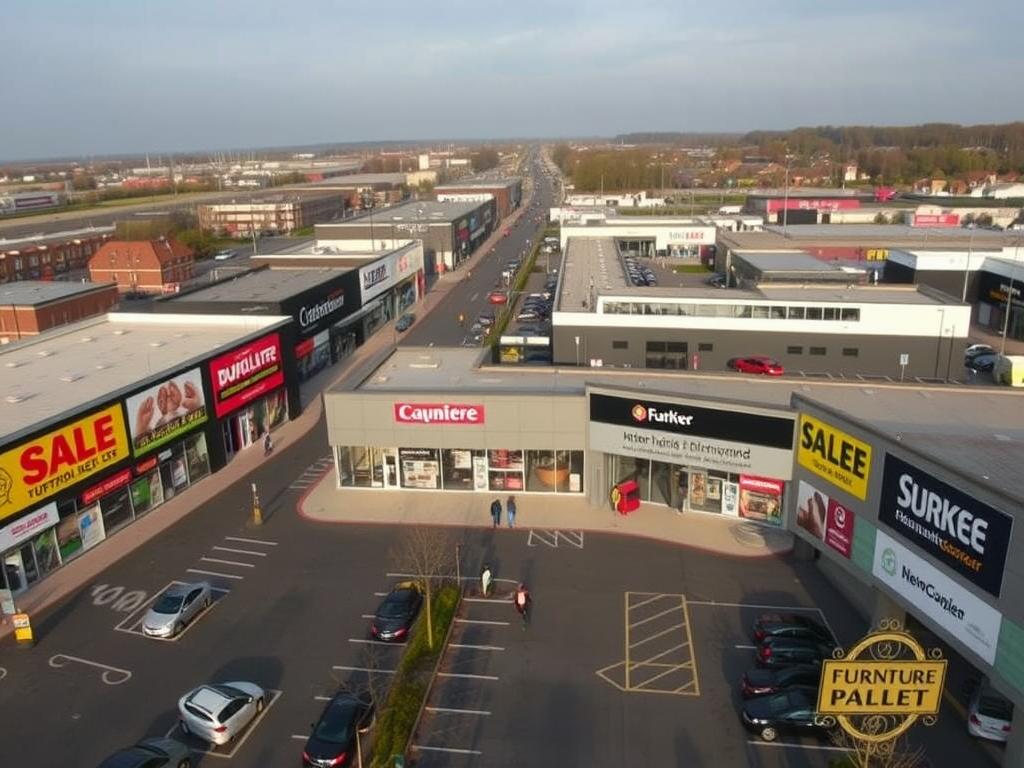 Meubelboulevard met verschillende winkels die korting op meubels aanbieden