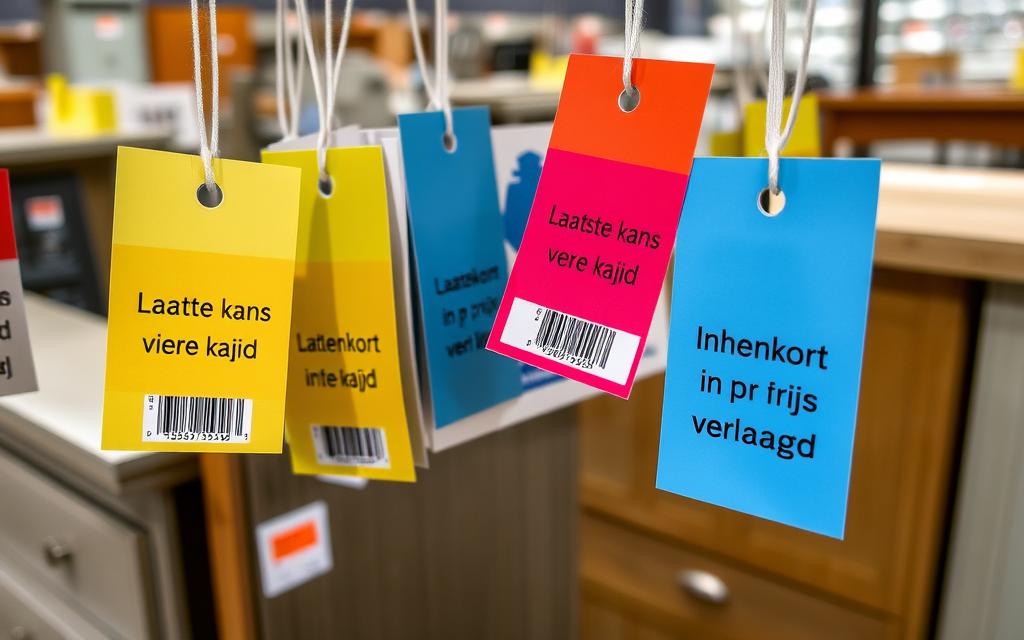 Meubels met speciale labels die wijzen op aankomende korting