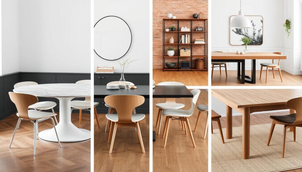 Minimalistische eetkamerstoelen gecombineerd met verschillende tafelstijlen Minimalistische eetkamerstoelen gecombineerd met verschillende tafelstijlen