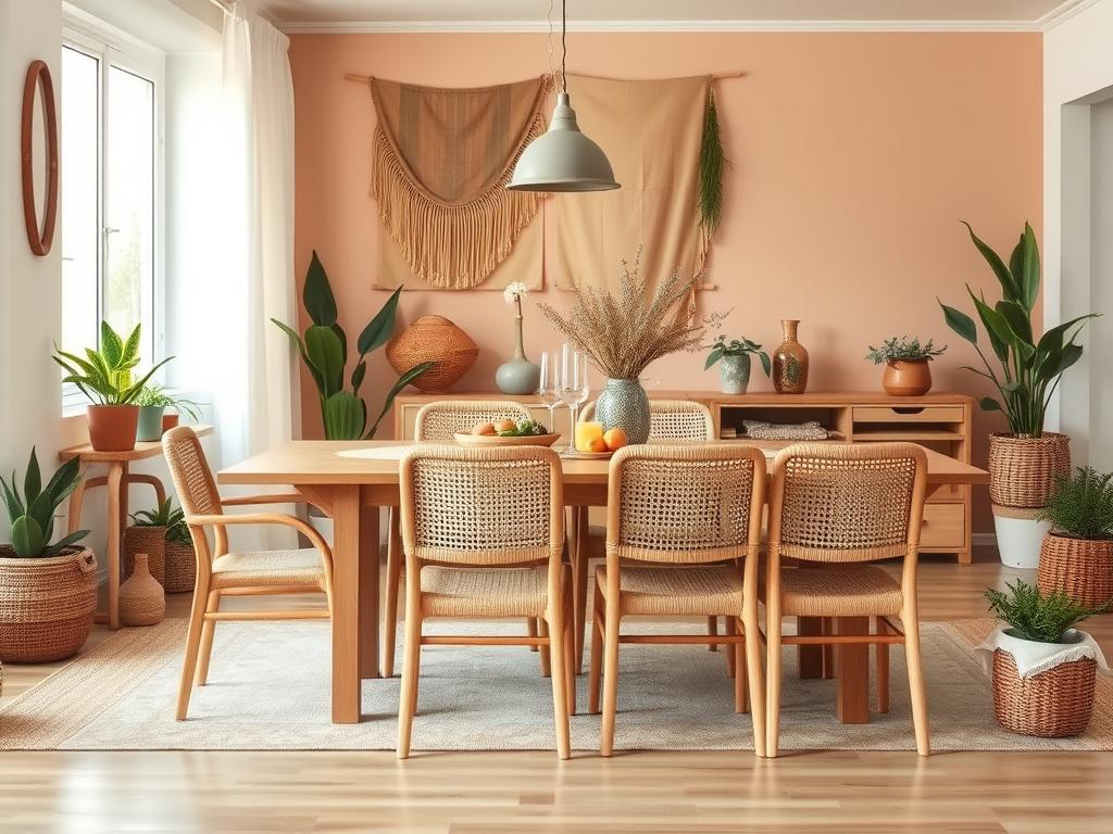 Minimalistische eetkamerstoelen in een bohemian interieur Minimalistische eetkamerstoelen in een bohemian interieur