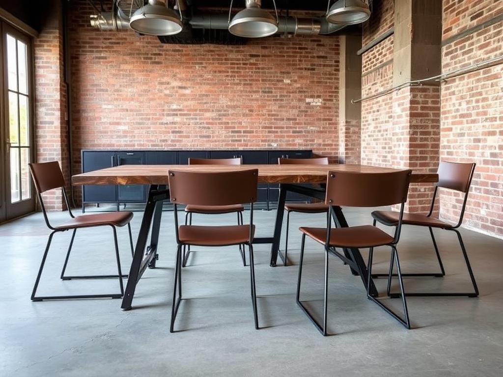 Minimalistische eetkamerstoelen in een industrieel interieur Minimalistische eetkamerstoelen in een industrieel interieur