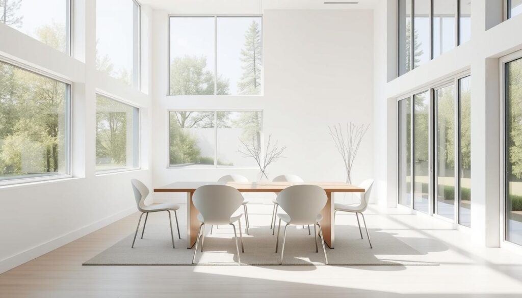 Minimalistische eetkamerstoelen in een lichte, open eetkamer met grote ramen Minimalistische eetkamerstoelen in een lichte, open eetkamer met grote ramen
