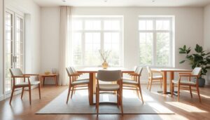 Minimalistische eetkamerstoelen met strakke lijnen en neutrale kleuren in een lichte eetkamer