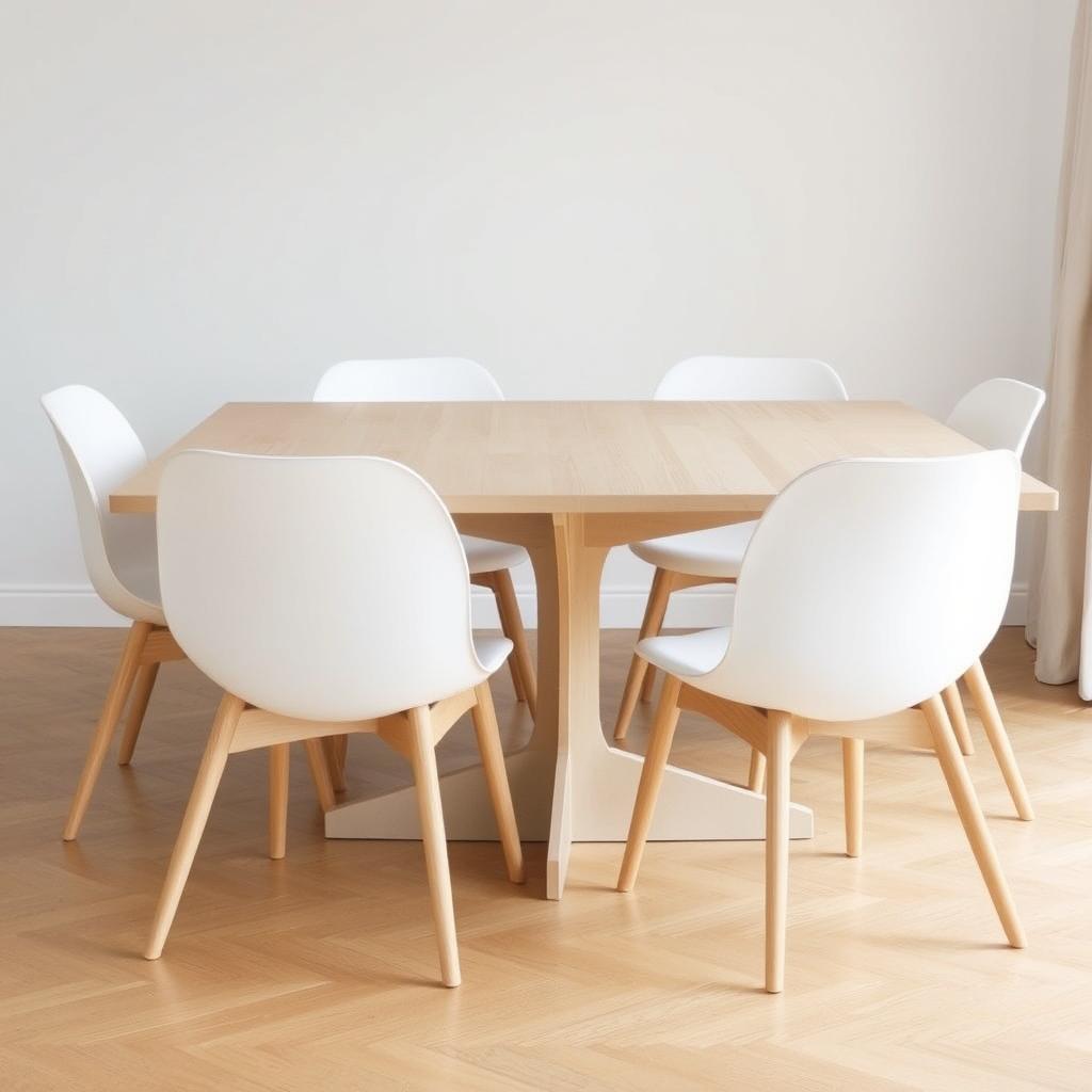 Minimalistische eetkamerstoelen rond een Scandinavische houten eettafel Minimalistische eetkamerstoelen rond een Scandinavische houten eettafel