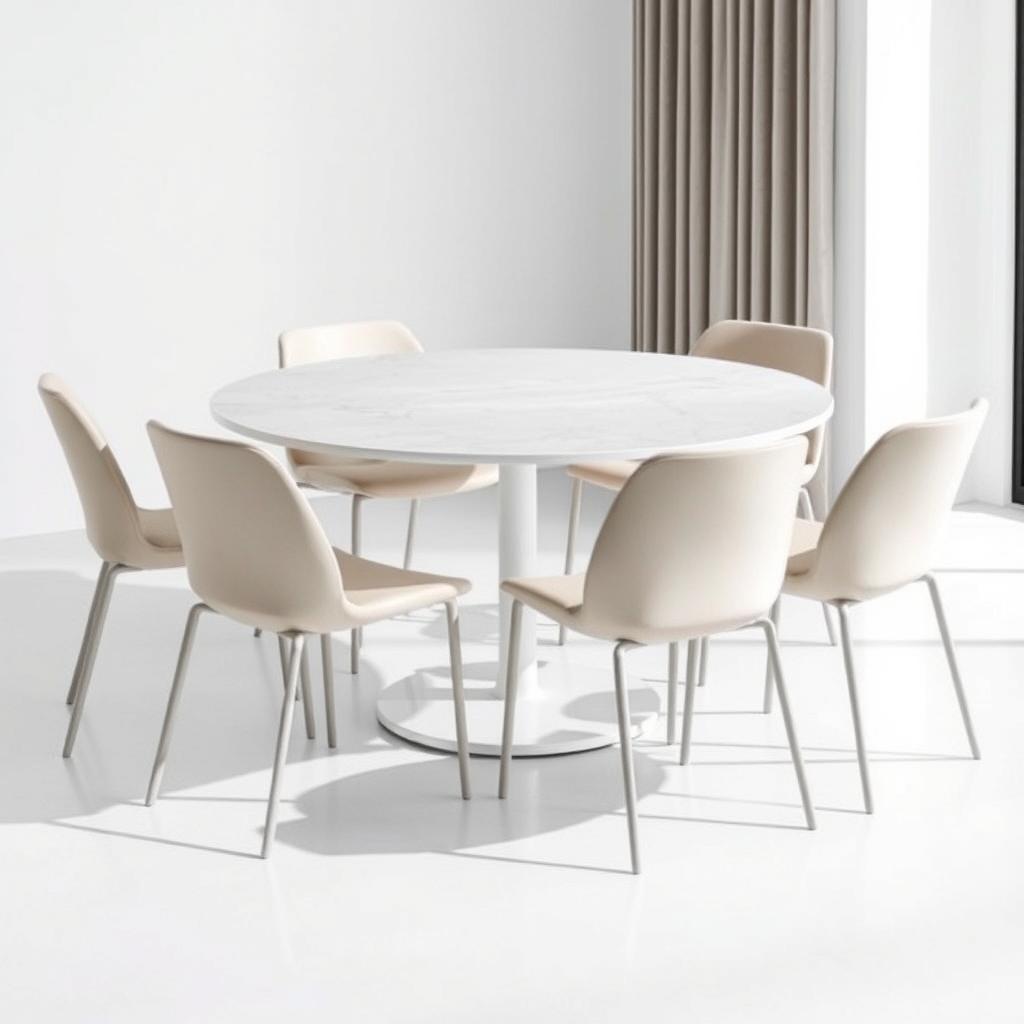 Minimalistische eetkamerstoelen rond een marmeren eettafel Minimalistische eetkamerstoelen rond een marmeren eettafel