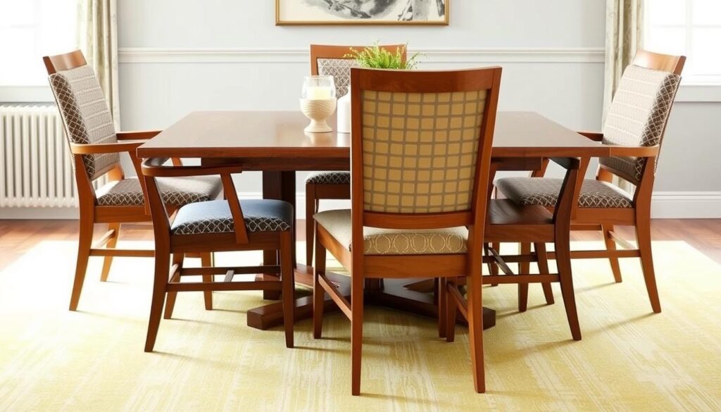 Mix-and-match eetkamerstoelen hout met stof rond een eettafel