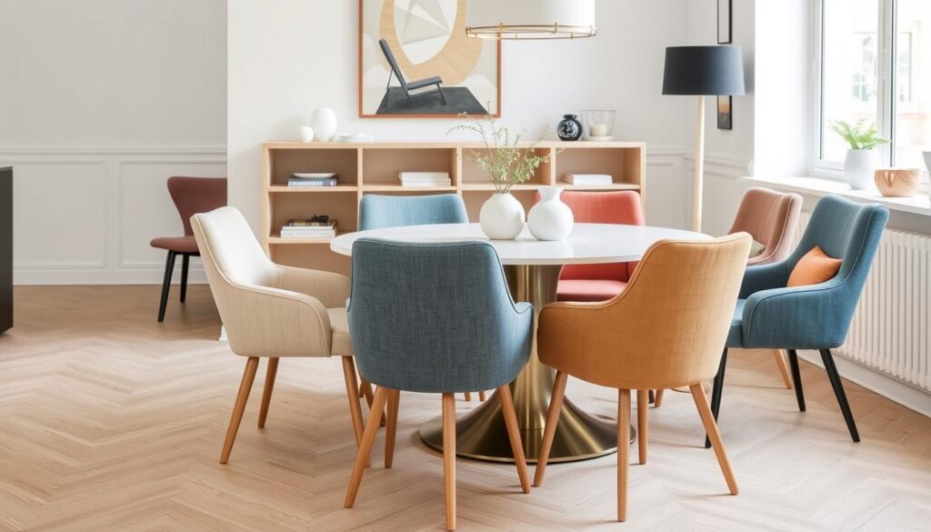 Mix & match van verschillende zachte eetkamerstoelen rond een eettafel
