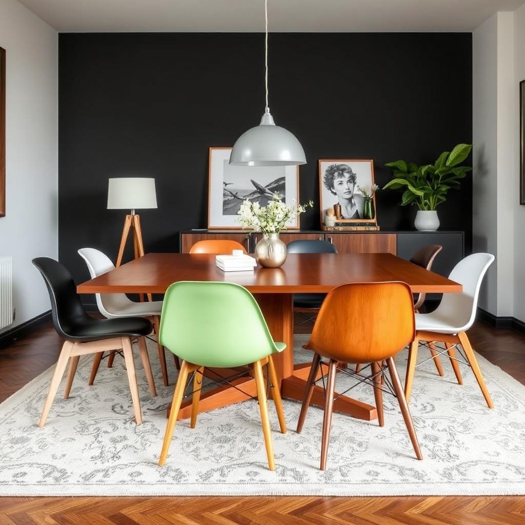 Mix van verschillende Deens design eetkamerstoelen rond een tafel Mix van verschillende Deens design eetkamerstoelen rond een tafel