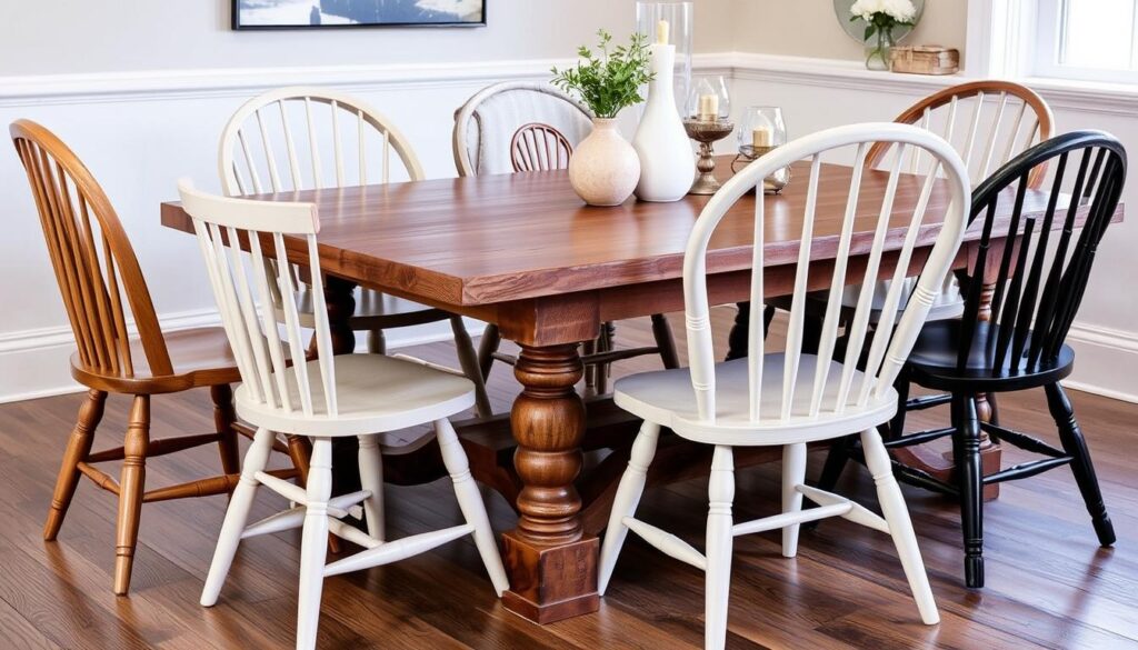 Mix van verschillende houten spijlenstoelen rond een eettafel Mix van verschillende houten spijlenstoelen rond een eettafel