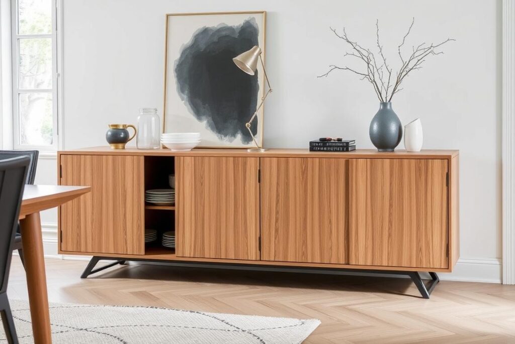 Modern dressoir in eetkamer voor opbergen van servies en decoratie