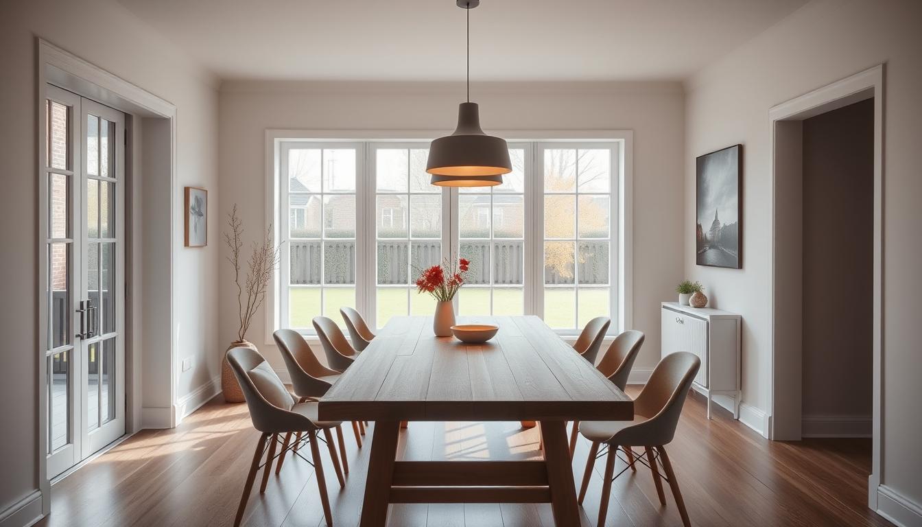 Modern ingerichte eetkamer met houten tafel en comfortabele stoelen