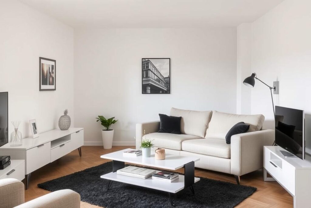 Modern ingerichte woonkamer met bank, salontafel en wandmeubel die het gemiddeld uit aan meubels voor deze ruimte illustreert Modern ingerichte woonkamer met bank, salontafel en wandmeubel die het gemiddeld uit aan meubels voor deze ruimte illustreert