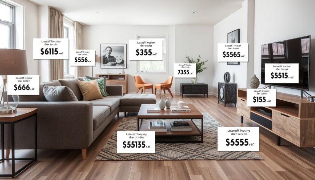 Modern ingerichte woonkamer met verschillende prijsklassen van meubels aangegeven Modern ingerichte woonkamer met verschillende prijsklassen van meubels aangegeven