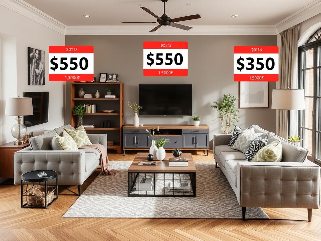 Modern ingerichte woonkamer met verschillende prijsniveaus van meubels gemarkeerd