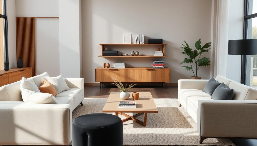 Modern interieur met designmeubels van een goed merk, toont tijdloze esthetiek Modern interieur met designmeubels van een goed merk, toont tijdloze esthetiek
