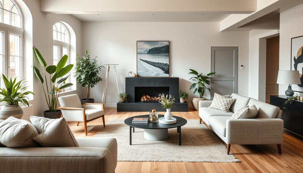 Modern interieur met zorgvuldig gestyled meubilair en accessoires Modern interieur met zorgvuldig gestyled meubilair en accessoires