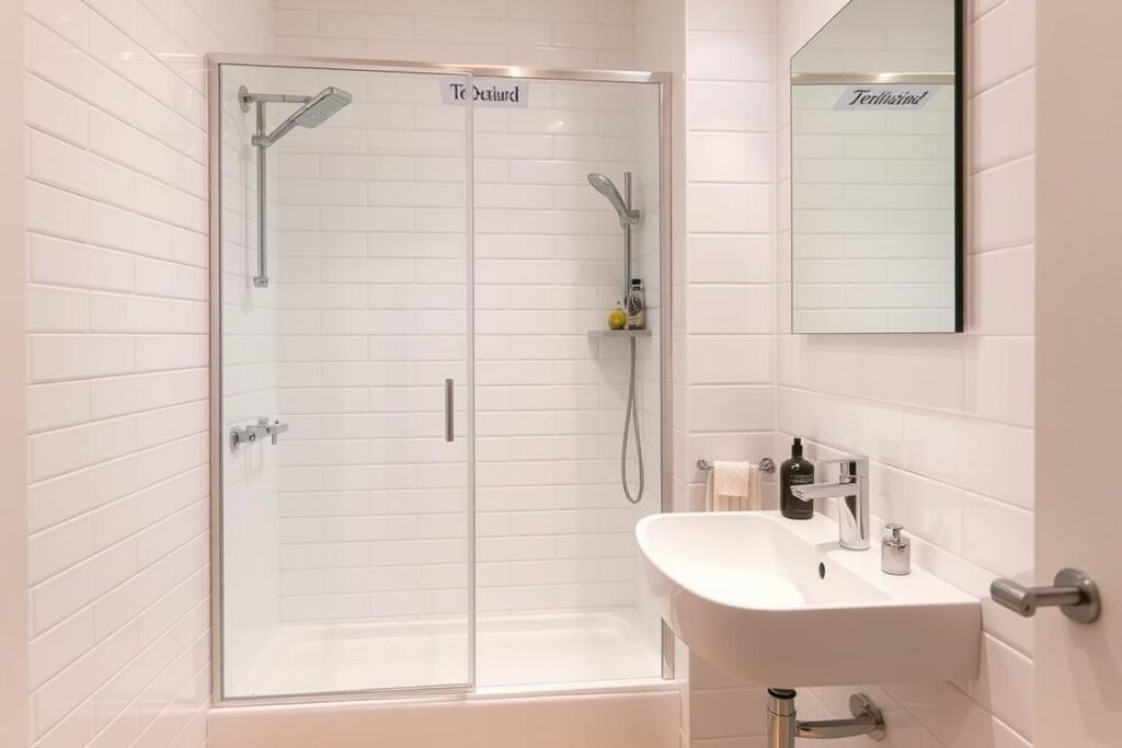 Moderne badkamer met douche, wastafel en accessoires Moderne badkamer met douche, wastafel en accessoires