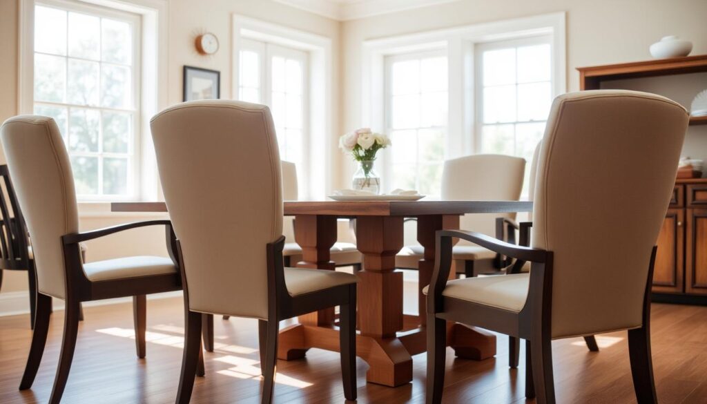 Moderne comfortabele eetkamerstoelen rond een houten eettafel in een lichte eetkamer