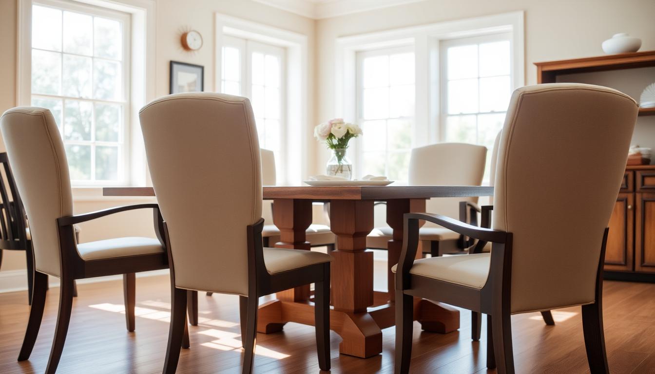 Moderne comfortabele eetkamerstoelen rond een houten eettafel in een lichte eetkamer