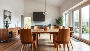 Moderne eetkamer met hardhouten eetkamerstoelen rond een eettafel