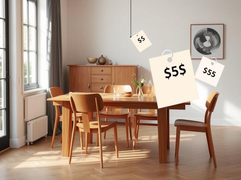 Moderne eetkamer met houten eettafel en stoelen met prijsindicaties voor gemiddelde kosten meubels Moderne eetkamer met houten eettafel en stoelen met prijsindicaties voor gemiddelde kosten meubels