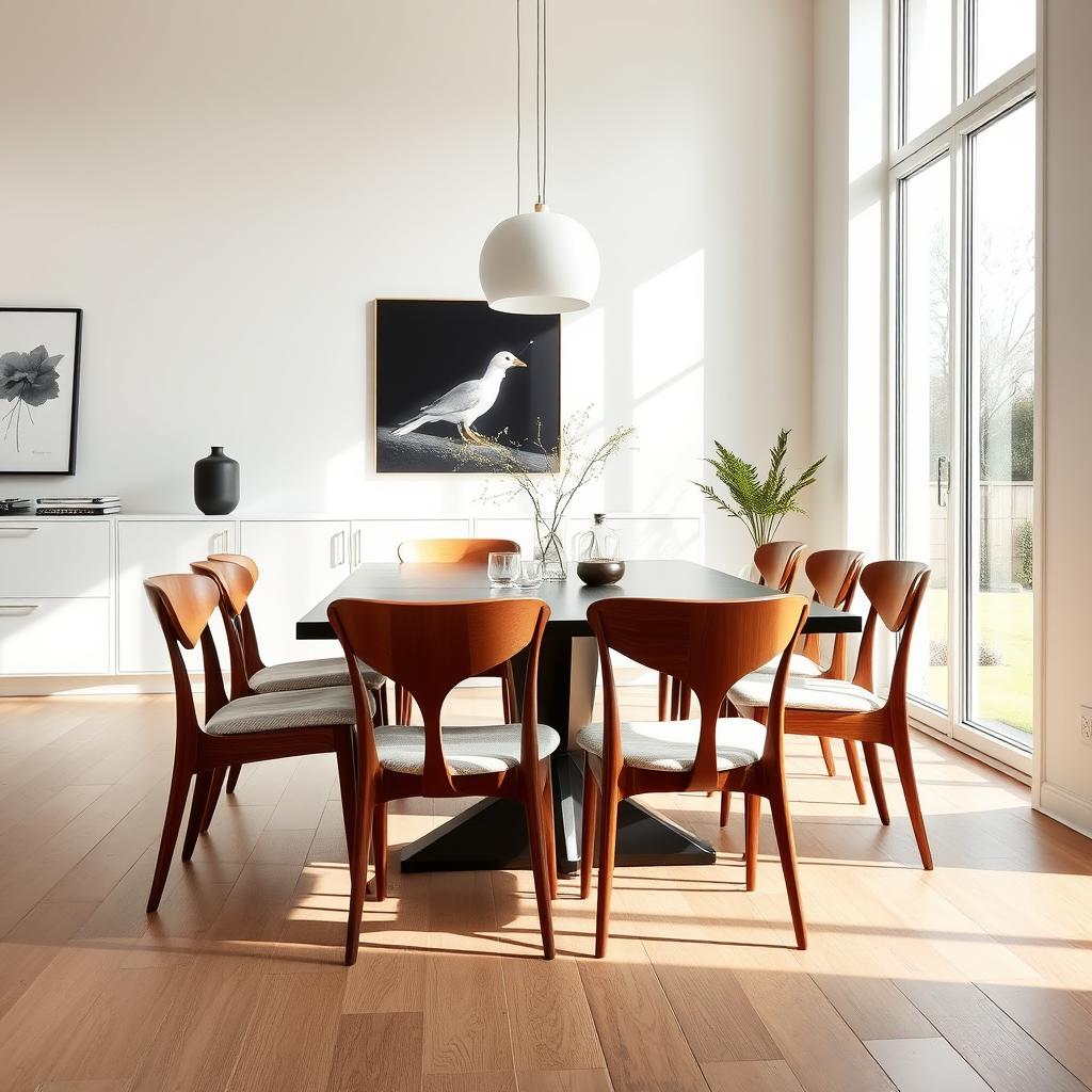 Moderne eetkamer met houten stoelen en stoffen zitting Moderne eetkamer met houten stoelen en stoffen zitting