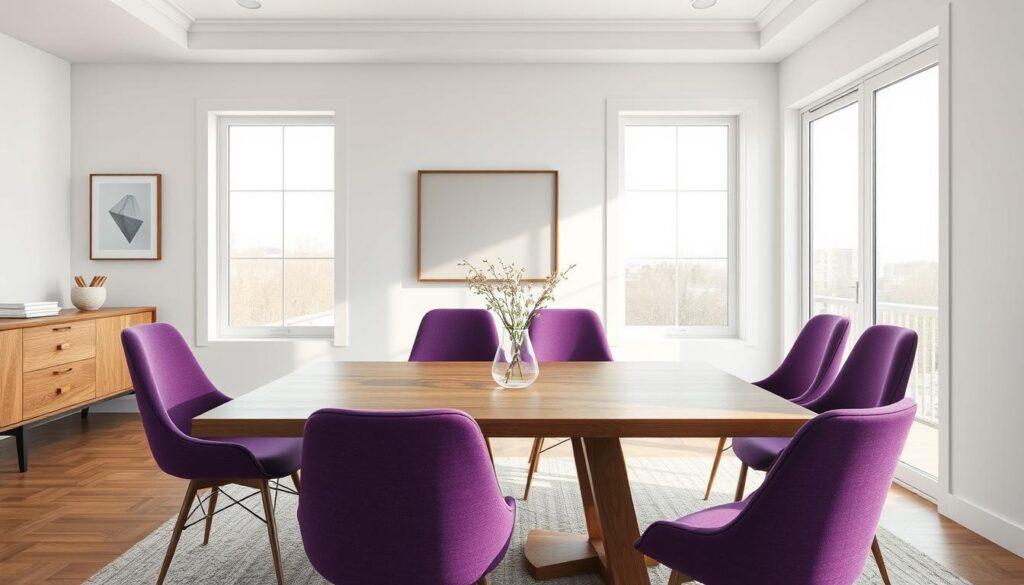 Moderne eetkamer met paarse eetkamerstoelen rond een houten tafel
