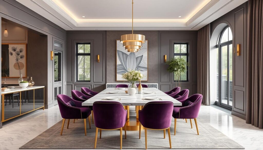 Moderne eetkamer met paarse fluwelen stoelen en gouden accenten